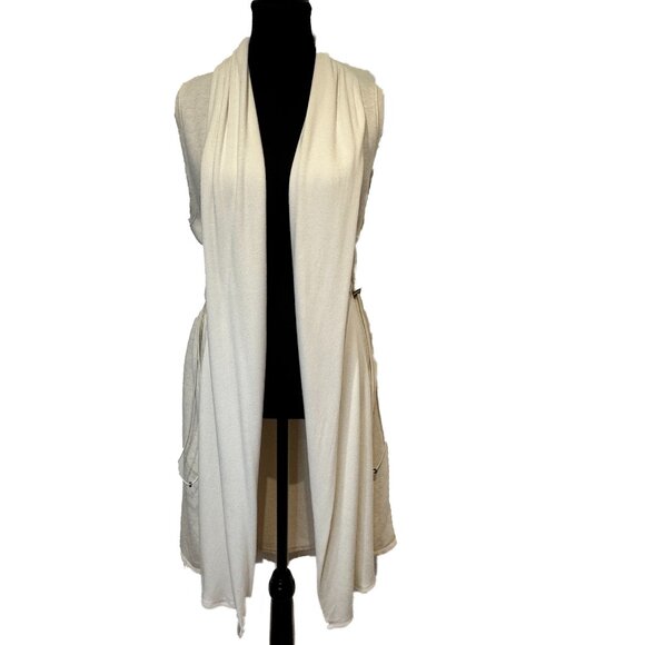 Anthropologie Avasa Drawstring Duster Vest Cardigan Beige Layering Size Small - Picture 2 of 9